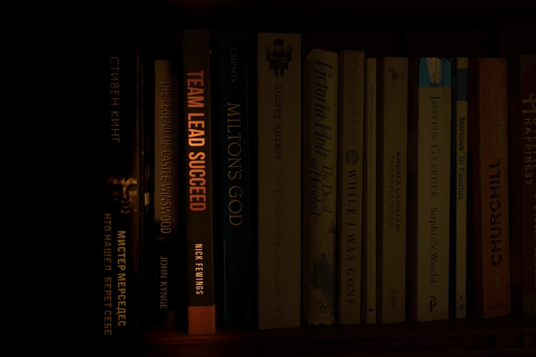 a bookshelf filled with lots of books in a dark room